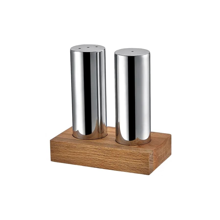 Ensemble De Salière Ronde Double Fine Avec Support Rectangulaire En Bois